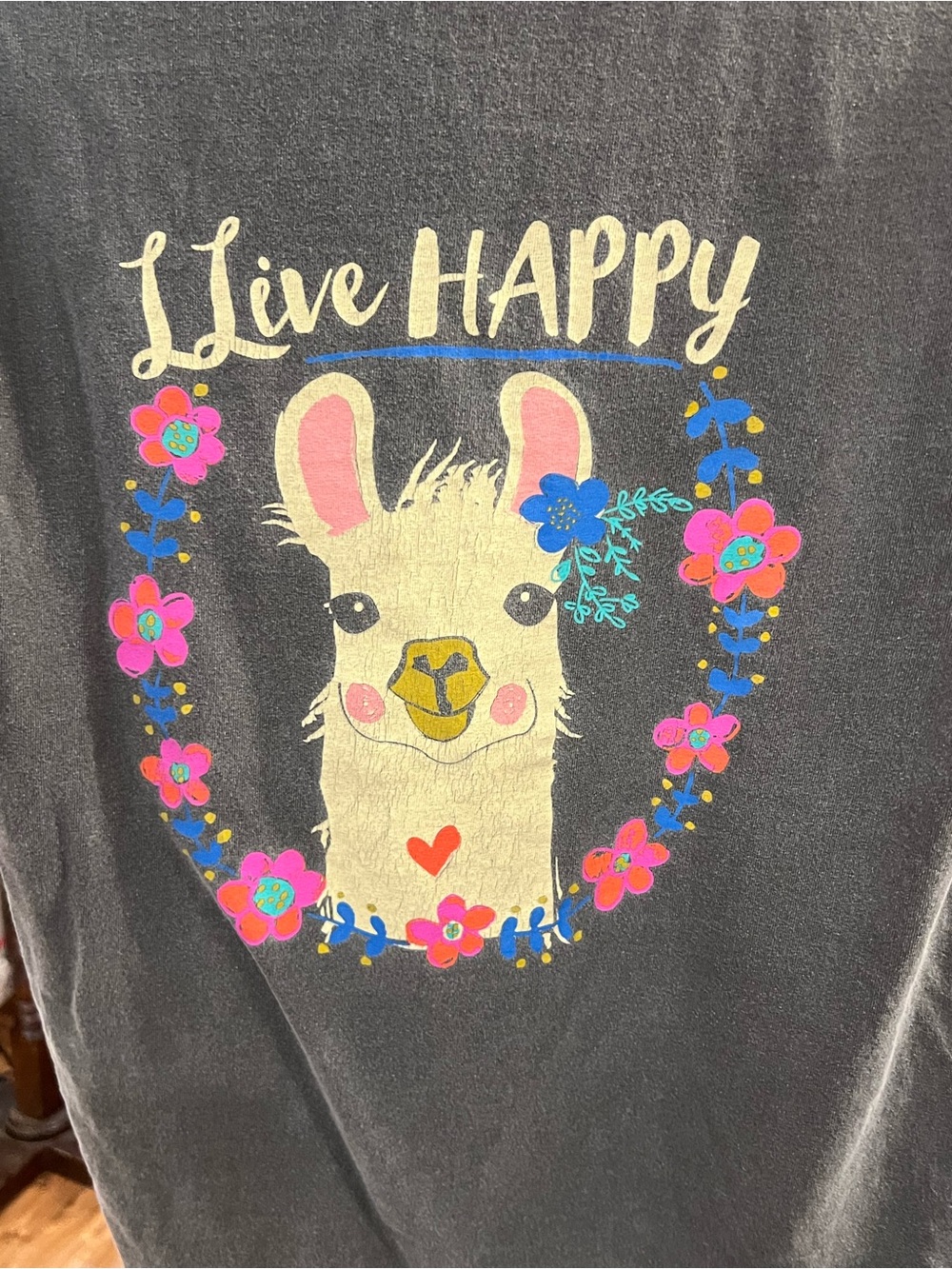 NATURAL LIFE Black Tee with Cream Llama and Pink Floral Wreath